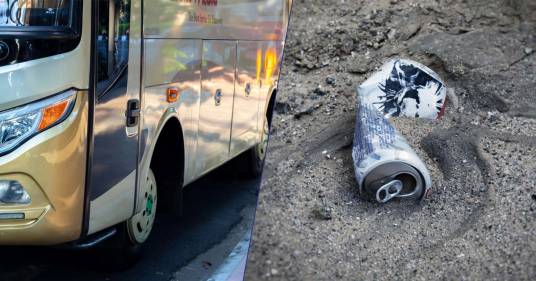 Usa il peso dell’autobus per schiacciare le lattine da riciclare: la curiosa idea di un uomo cileno